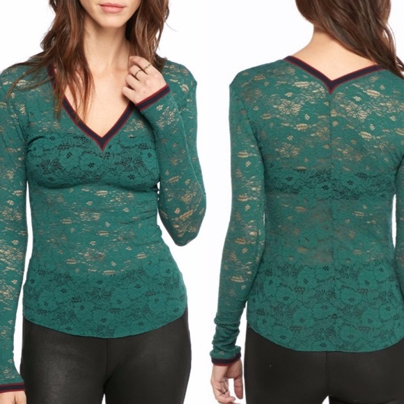 Free People Dark Green Cami Stretch Lace V-Neck Top Sheer Large - Picture 1 of 8